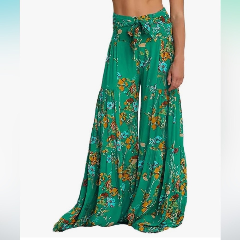 Floral Green Wide-Leg Palazzo Pants